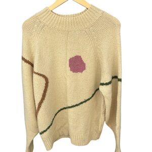 Lush Abstract Knit Sweater Cream Graphic Pullover Women’s Small Artsy Minimalist
